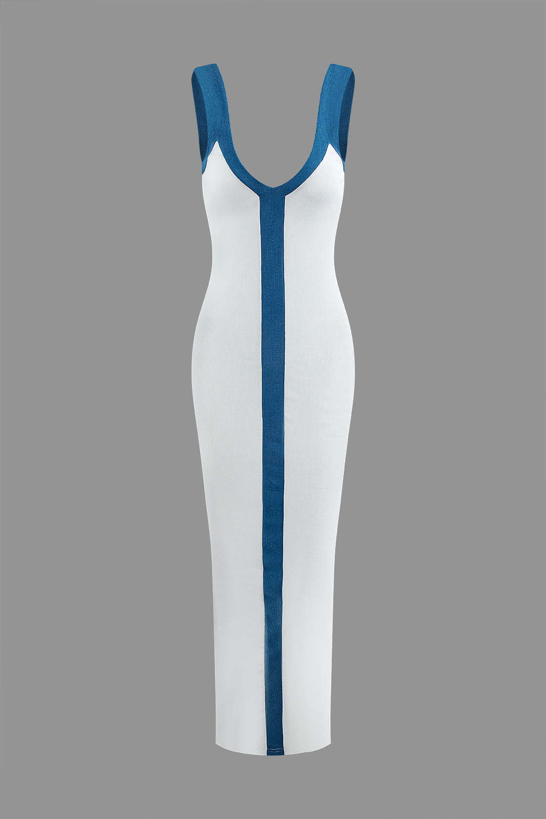 V-Neck Colorblock Knit Maxi Dress with Slit