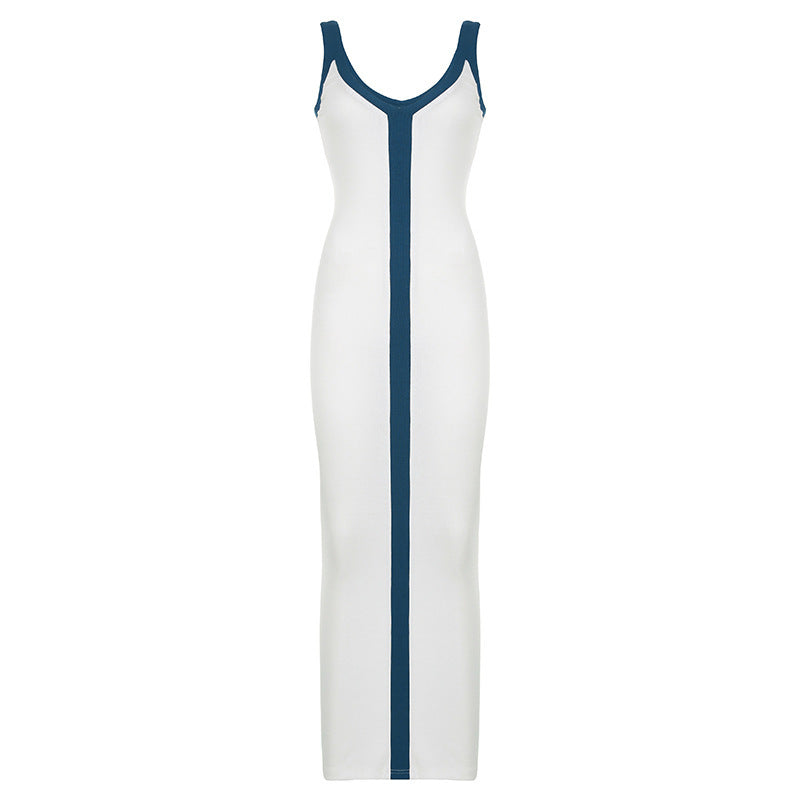 V-Neck Colorblock Knit Maxi Dress with Slit