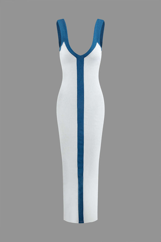 V-Neck Colorblock Knit Maxi Dress with Slit