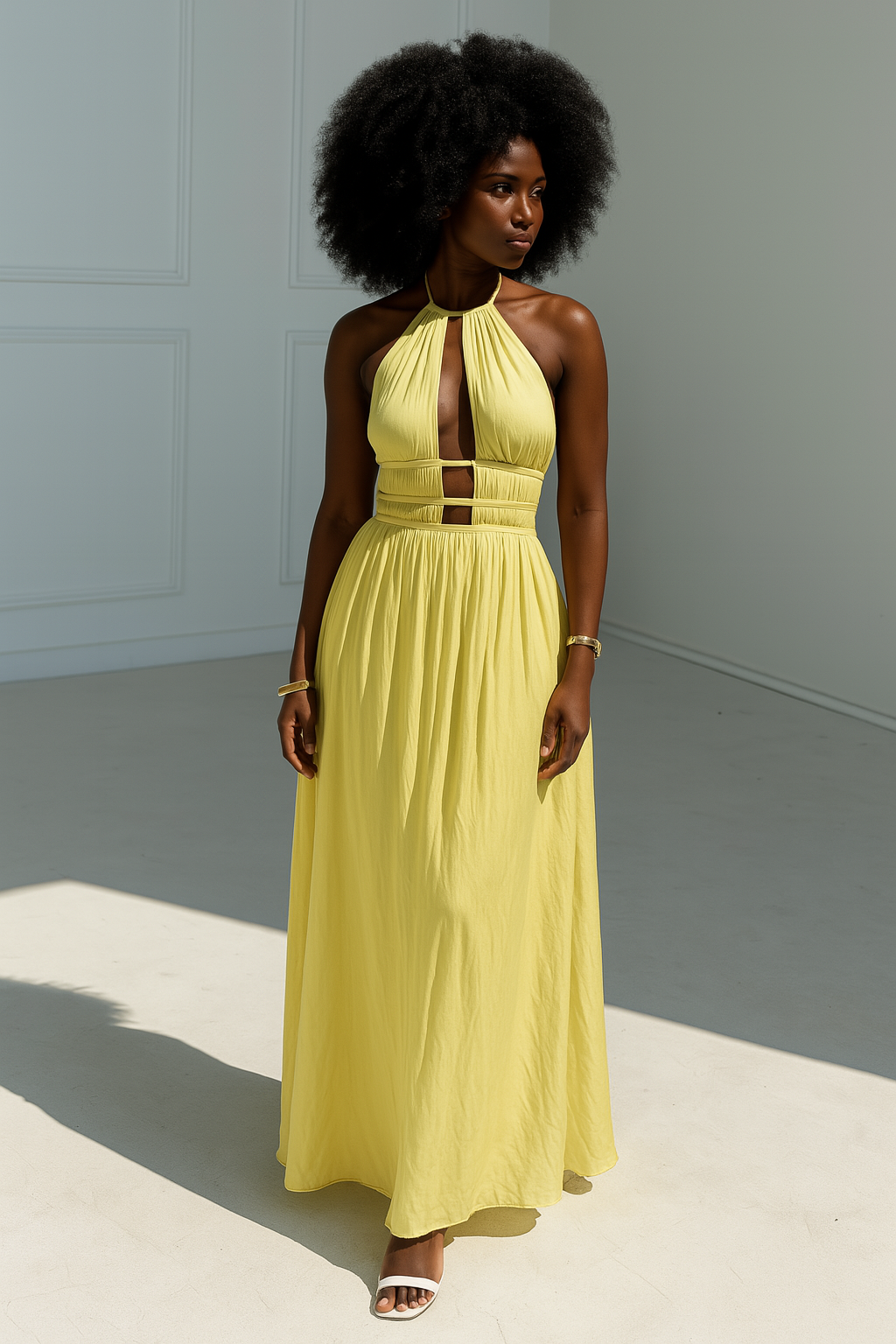 Halter Off-the-shoulder Hollow-out Pleated Dress