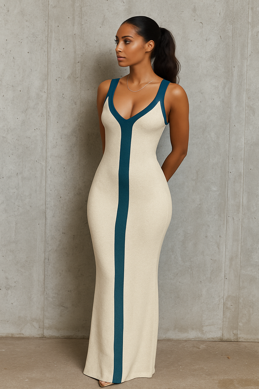V-Neck Colorblock Knit Maxi Dress with Slit